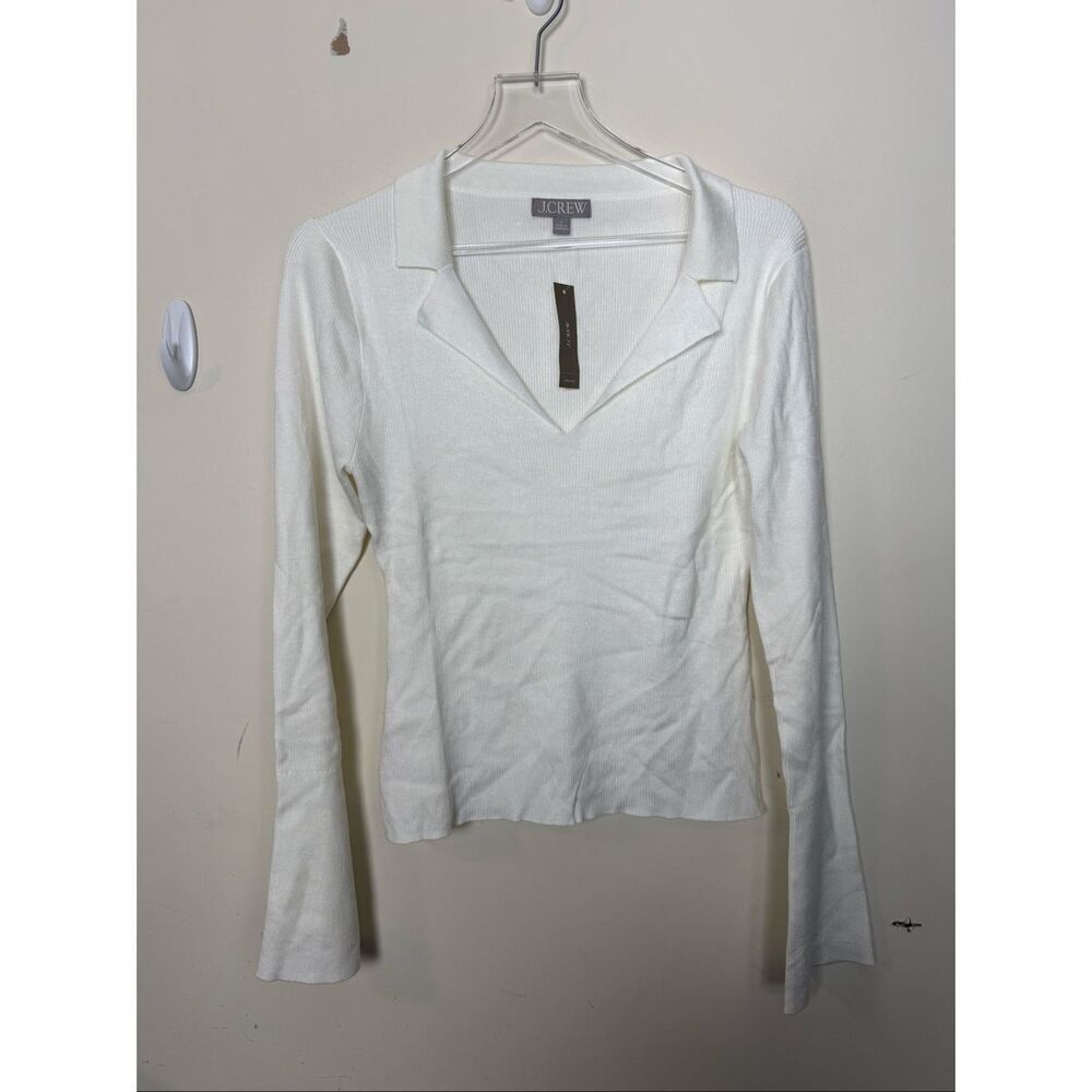 J.Crew Large Cream Fitted Pullover Sweater TENCEL Lyocell Blend Ribbed Collared